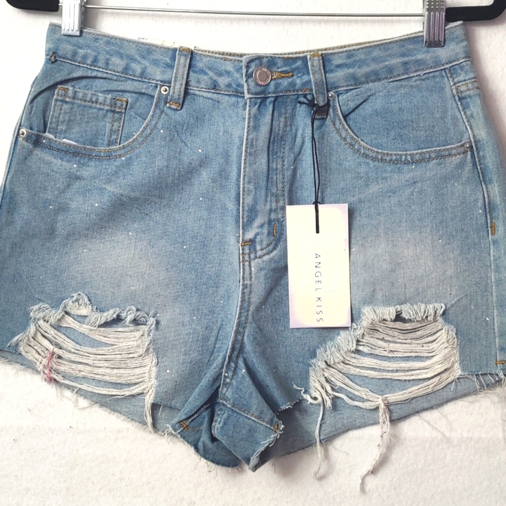 ANGEL KISS Women's Distressed ‎ Denim Shorts Size 28 Blue Jeans